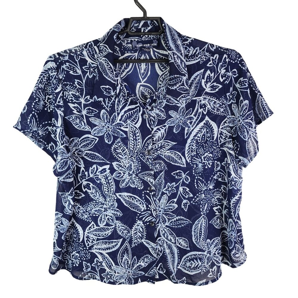Women's Susan Graver Style Floral Shirt Top Button-Up Blue & White Size 2X
